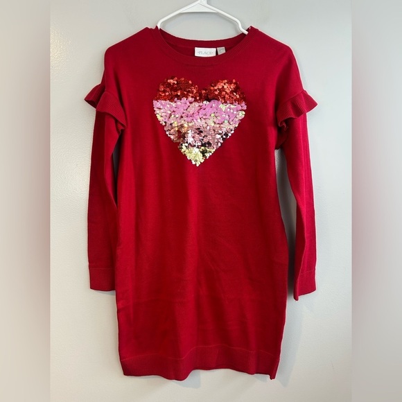 NWT Children's Place Red Sequin Heart Ruffle Sweater Dress Girls Size XXL 16 - Picture 1 of 9